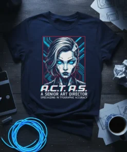 A.C.T.A.S. Senior Art Director T-Shirt design with futuristic female character and bold text "A.C.T.A.S. A SENIOR ART DIRECTOR SPECIALIZING IN
