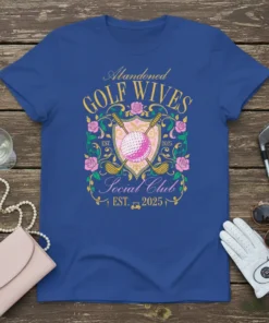 Abandoned Golf Wives Social Club EST. 2025 t-shirt with golf ball, clubs, and roses graphic