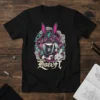 Abbotf gothic bunny t-shirt design with pink and blue accents, featuring a stylized rabbit character and dark floral elements