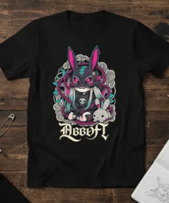 Abbotf gothic bunny t-shirt design with pink and blue accents, featuring a stylized rabbit character and dark floral elements