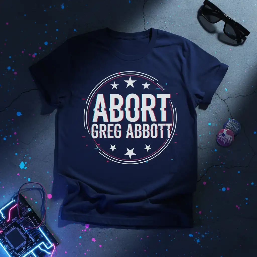 Navy blue Abort Greg Abbott t-shirt with glitch-effect text and star graphic, perfect for political statement