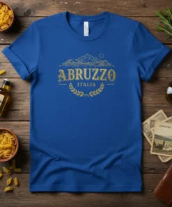 Abruzzo Italia text and wreath graphic on a royal blue t-shirt, representing Italian travel and heritage