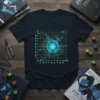 Abstract geometric design t-shirt with a glowing blue circle and grid pattern, science art graphic