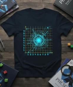 Abstract geometric design t-shirt with a glowing blue circle and grid pattern, science art graphic