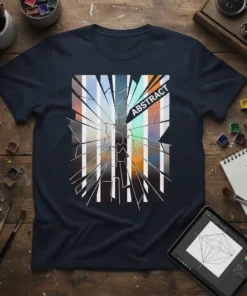 Abstract graphic t-shirt with a shattered glass effect and the word ABSTRACT in white text