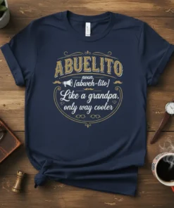 Abuelito Like a Grandpa Only Way Cooler T-Shirt design with Spanish text and pronunciation guide in gold and white on