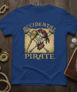 Accidental Pirate t-shirt design with a skeleton wearing a bandana, holding crutches and a golden goblet