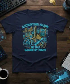 Accounting Major By Day Gamer By Night t-shirt design with neon-style graphics of calculator, coins, and game controller