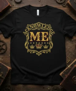 Black t-shirt with gold and red "ACKNOWLEDGE ME" text in a crest design with stars and crowns
