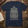 Acoustic Blossom t-shirt with intricate floral acoustic guitar design in cream on navy blue fabric