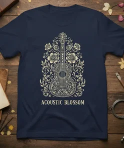 Acoustic Blossom t-shirt with intricate floral acoustic guitar design in cream on navy blue fabric