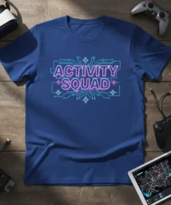 Activity Squad neon text design with circuit board graphics on a blue t-shirt, perfect for gamers and tech teams