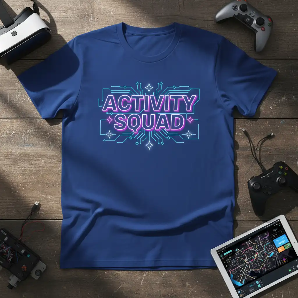 Activity Squad neon text design with integrated circuit graphics on a vibrant blue t-shirt, representing a tech-savvy team
