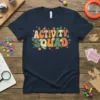 Retro "Activity Squad" text design with camping graphics, tents, and trees, featuring a vintage color palette on a navy t-shirt