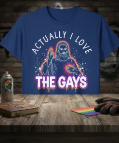 Actually I Love The Gays Jesus graphic t-shirt design with rainbow accents