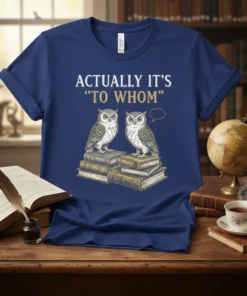 Actually It's "To Whom" text with two owls sitting on books, navy blue t-shirt design