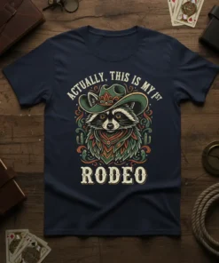 Actually, This Is My 1st Rodeo text with a cowboy raccoon graphic and western embellishments on a navy t-shirt