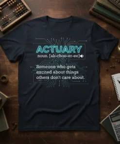 Navy t-shirt with "ACTUARY noun. [ak-choo-er-ee] Someone who gets excited about things others don't care about." quote and circuit board
