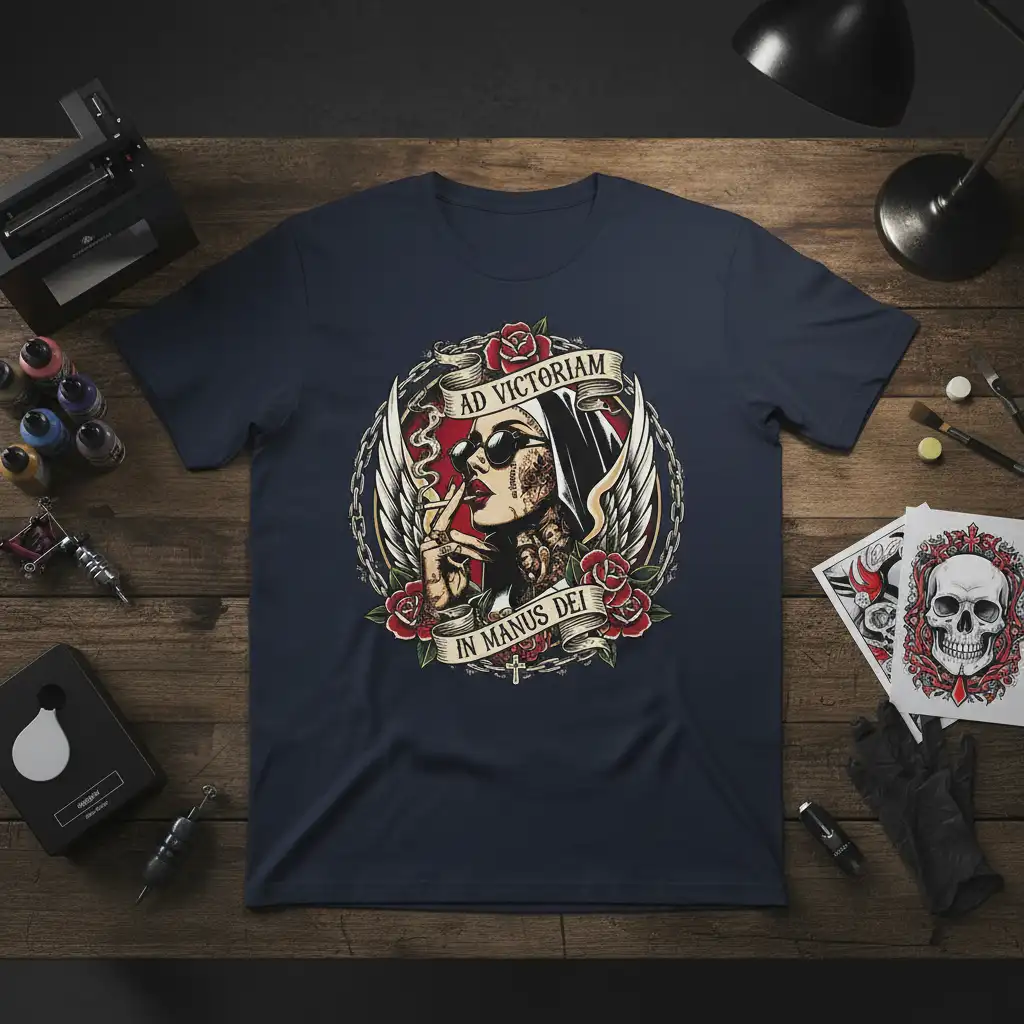 Ad Victoriam In Manus Dei Latin quote with tattoo art, woman, wings, and roses on a t-shirt