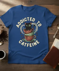 Addicted to Caffeine t-shirt design featuring a black cat sitting in stacked coffee cups