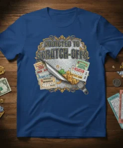 Addicted to Scratch-Offs t-shirt design featuring lottery tickets, coins, and a scratcher tool
