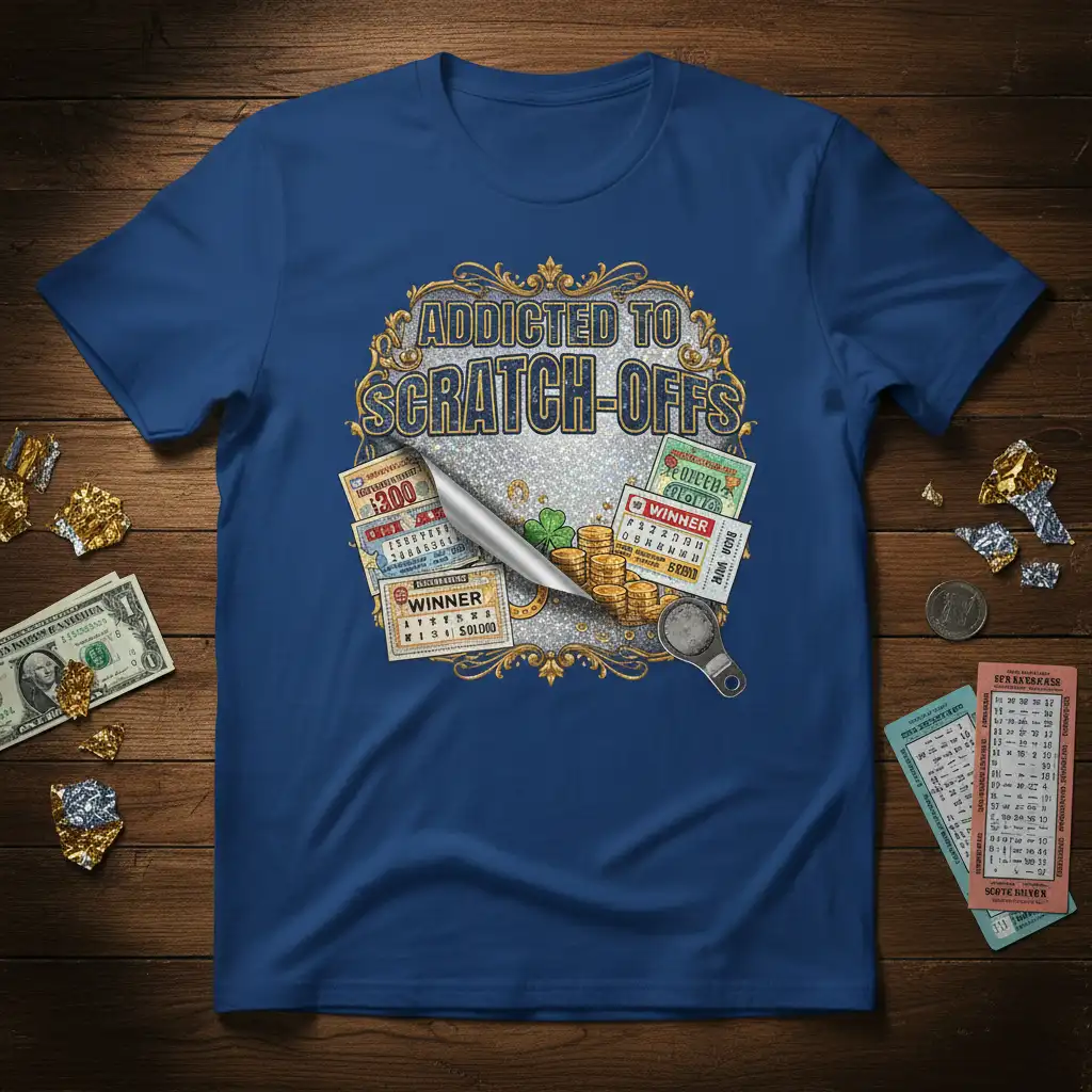 Addicted to Scratch-Offs quote on a t-shirt with lottery tickets, coins, and scratcher graphic