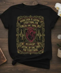 Addiction recovery quote t-shirt with "Addiction is giving up everything for one thing, Recovery is giving up one thing for