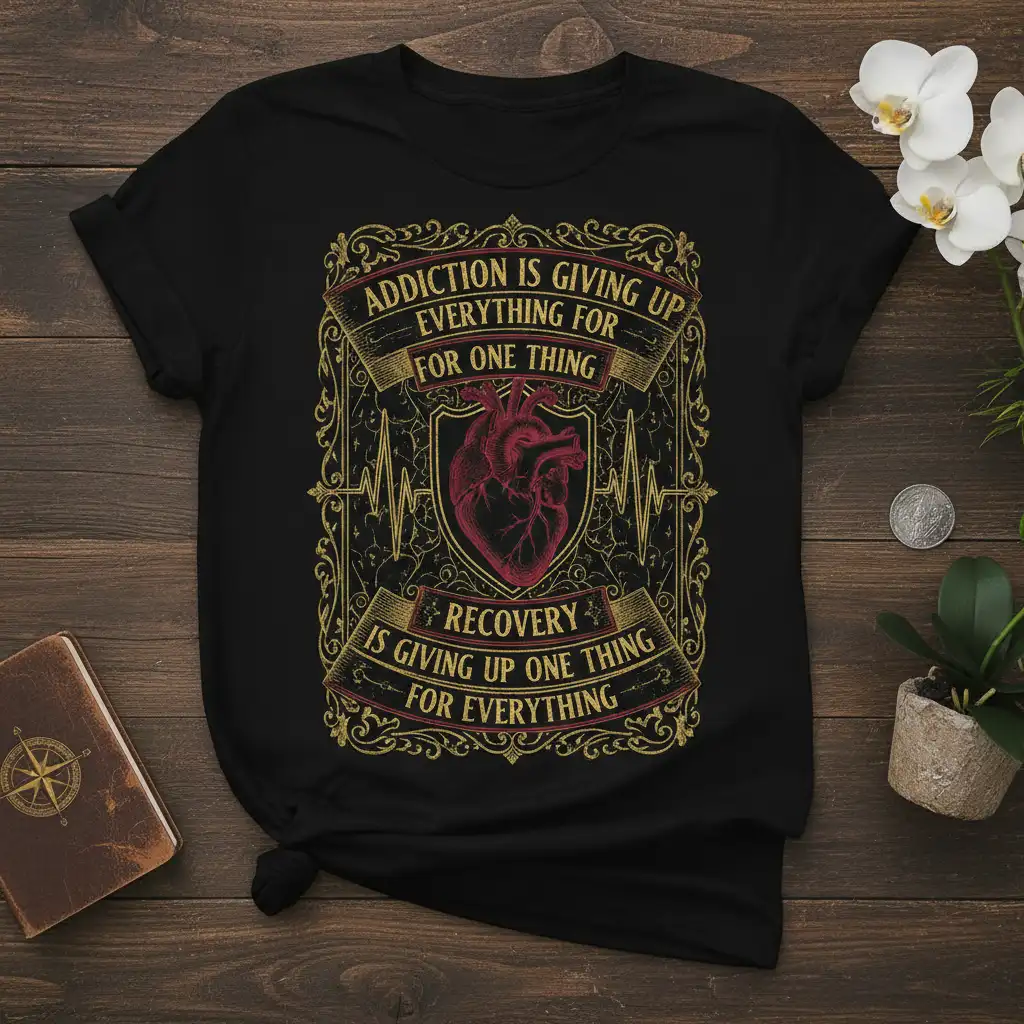 Addiction is giving up everything for one thing recovery is giving up one thing for everything quote on a black t-shirt with