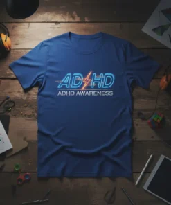 ADHD ADHD AWARENESS neon sign t-shirt design with a lightning bolt graphic and text in blue and orange