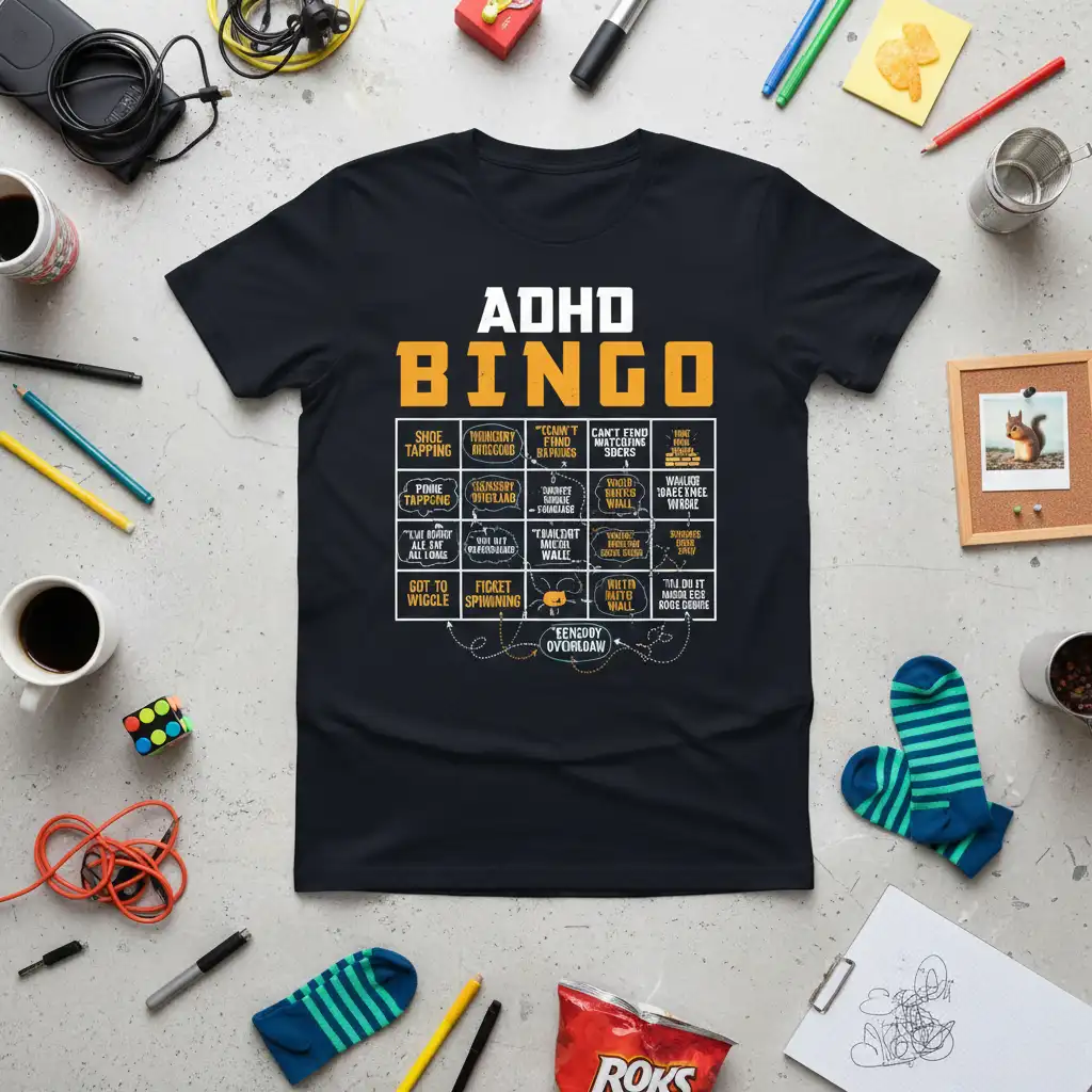 ADHD BINGO humorous quote t-shirt design with a detailed bingo card of relatable traits