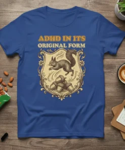 ADHD In Its Original Form T-Shirt featuring a detailed squirrel and acorns within a decorative shield, with bold yellow text