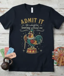 Admit It life would be boring without me quote with a dapper circus rooster graphic on a navy t-shirt