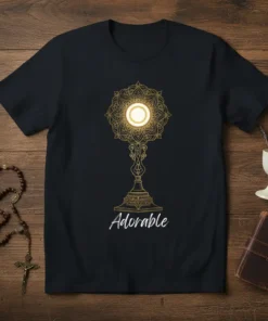 Adorable Adoration T-Shirt featuring a golden monstrance design with the word "Adorable" below, symbolizing Catholic faith and religious apparel
