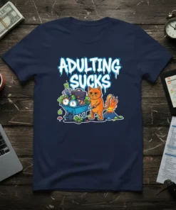 Adulting Sucks text design with a stressed orange cat pushing a wheelbarrow full of clocks, money, and a briefcase