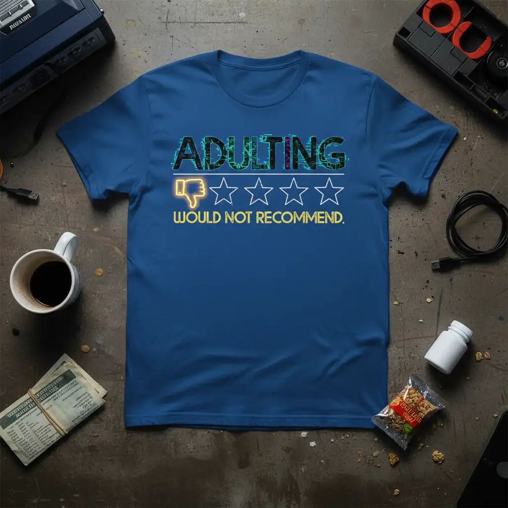 Adulting Would Not Recommend quote on a t-shirt with neon lettering and a thumbs down graphic