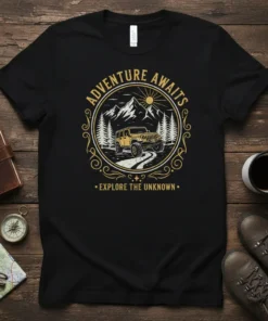 Adventure Awaits Explore The Unknown text with yellow jeep and mountains graphic on black t-shirt