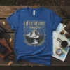Adventure awaits t-shirt with mountain landscape and sun graphic, featuring vintage gold typography