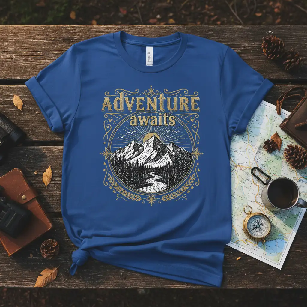 Adventure awaits text and mountain graphic on a blue t-shirt, ideal for outdoor enthusiasts
