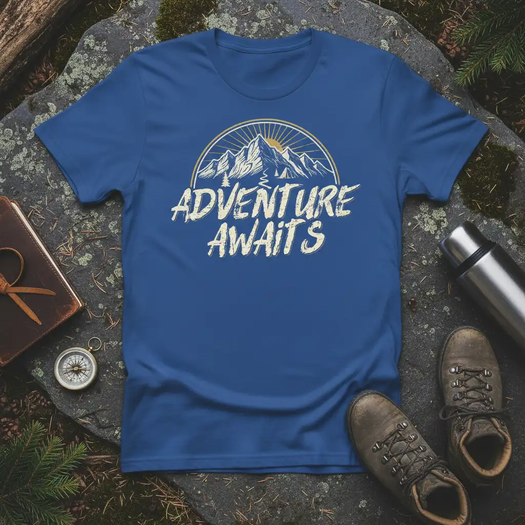 Blue Adventure Awaits t-shirt with distressed text and vintage mountain landscape graphic