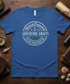 Nautical Emporium t-shirt with "Adventure Awaits Ocean Exploration" text and anchor graphic, vintage nautical style