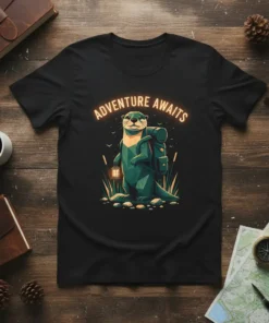 T-shirt with "ADVENTURE AWAITS" text above a graphic of a camping otter holding a lantern