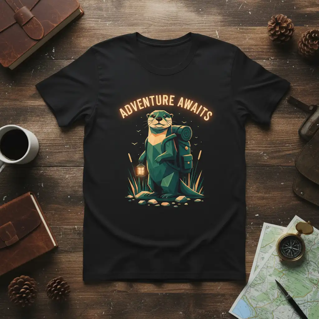 ADVENTURE AWAITS text with cute camping otter graphic on t-shirt design