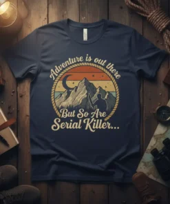 Adventure is out there But So Are Serial Killer quote on a navy t-shirt with mountain and crescent moon graphic