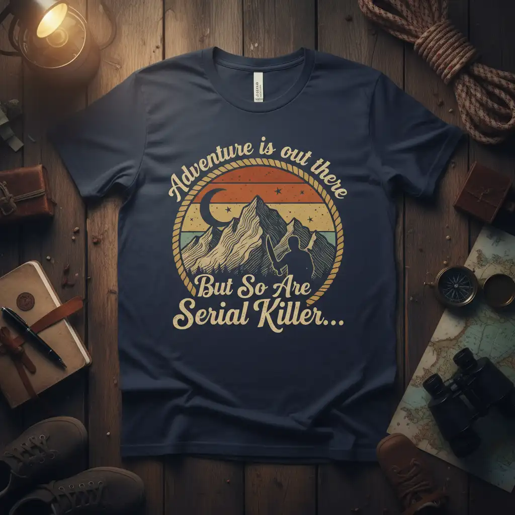 Adventure is out there But So Are Serial Killer quote with mountain graphic on a navy tee