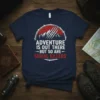 Adventure Is Out There But So Are Serial Killers quote on a navy t-shirt with mountain and claw graphic
