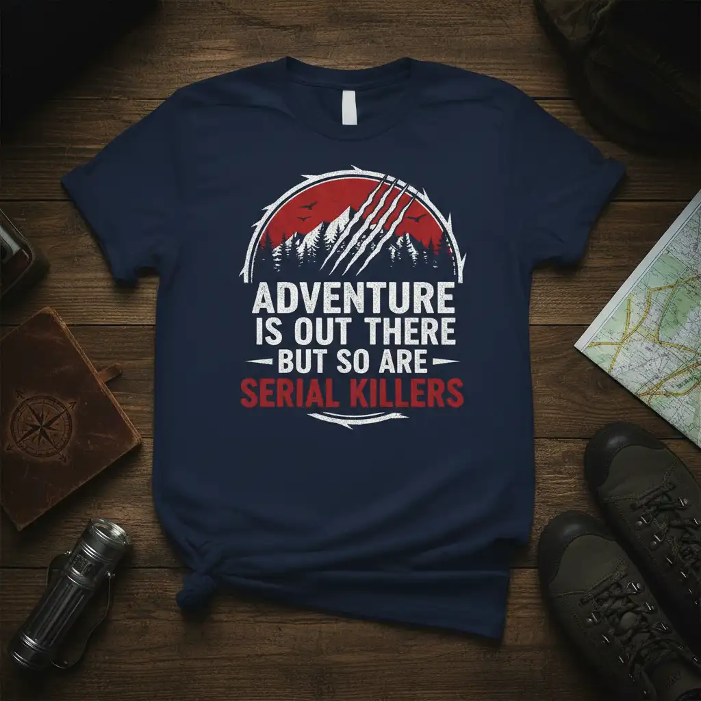 Adventure Is Out There But So Are Serial Killers quote design with mountain and claw graphic