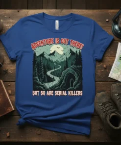T-shirt with "ADVENTURE IS OUT THERE! BUT SO ARE SERIAL KILLERS" text and a graphic of a winding mountain path