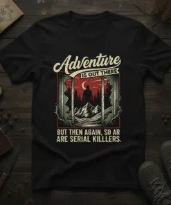 Black t-shirt featuring the quote "Adventure IS OUT THERE BUT THEN AGAIN, SO AR ARE SERIAL KILLLERS." with a Bigfoot