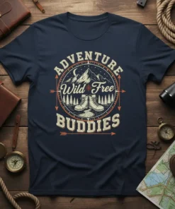 Adventure Wild Free Buddies text with mountain, boots, and trees graphic on a navy blue t-shirt