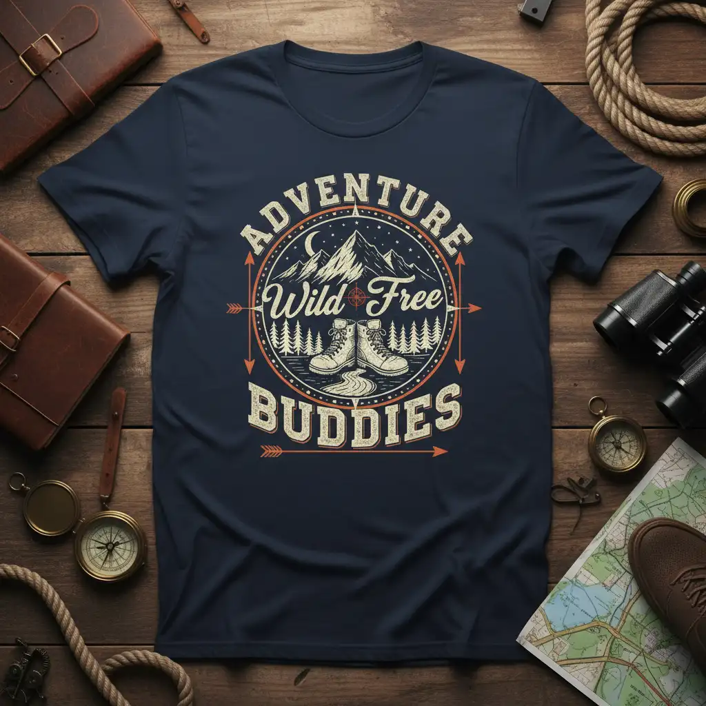Adventure Wild Free Buddies hiking t-shirt design with mountains and boots graphic